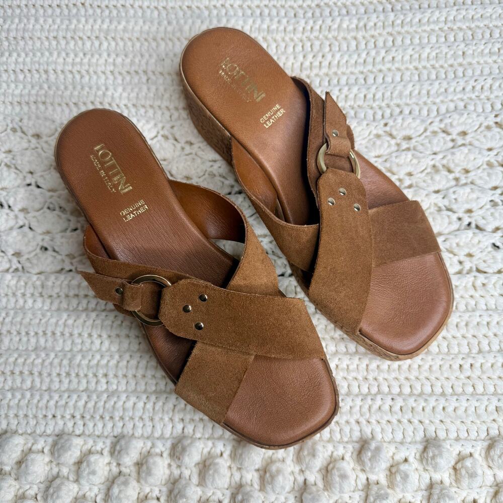 NEW LOTTINI ITALY Womens 39 US 9 Cross Band Buckle Cork Wedge Slide Sandal Brown - Picture 2 of 16